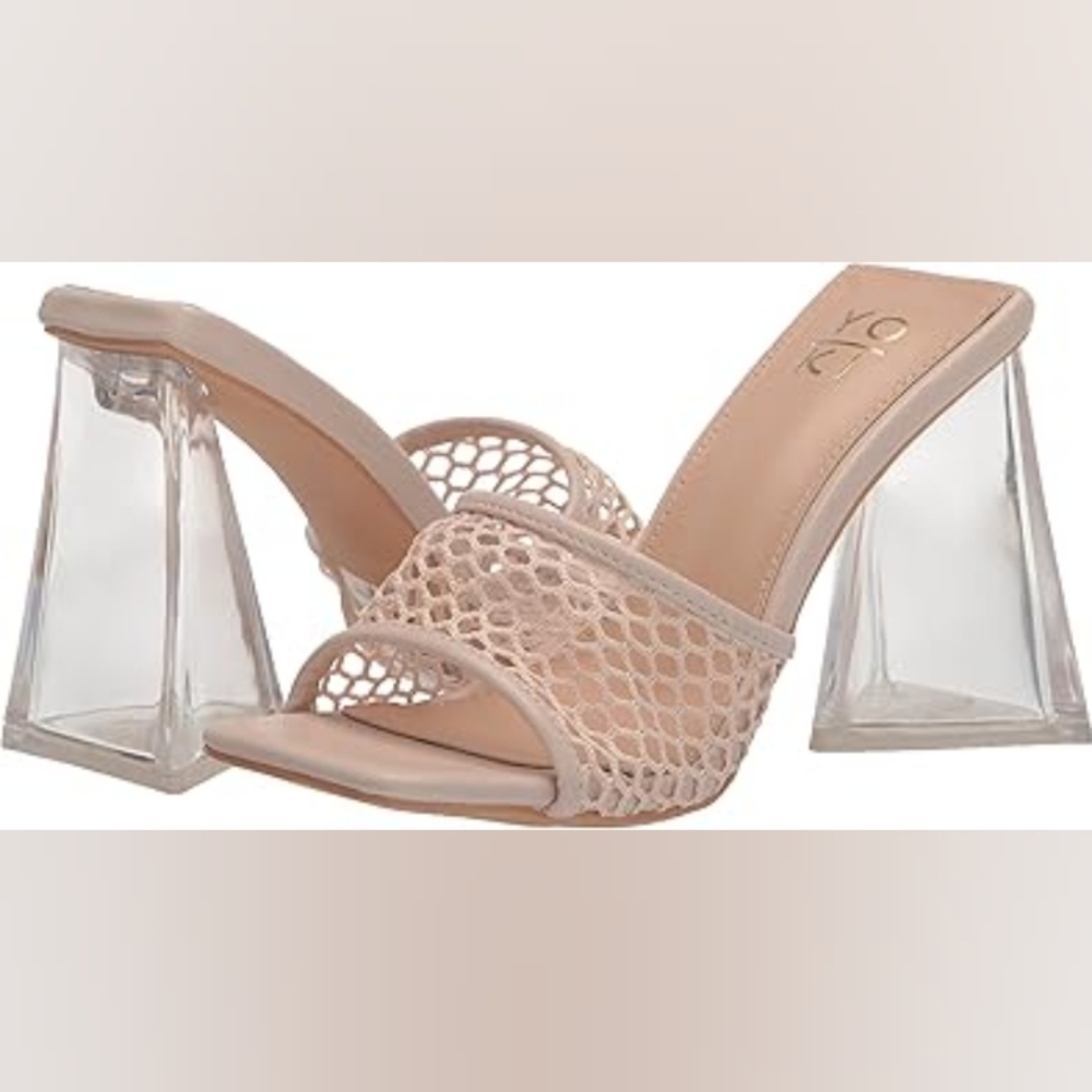 Nude Open Square Toe Clear Chunky Heel Pump Slip-On